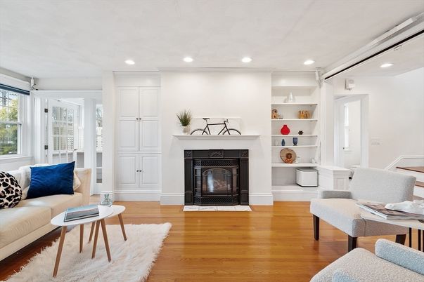 Fireplace, Home Office, Interior, Living room, Recessed Lighting, Wood Texture Flooring