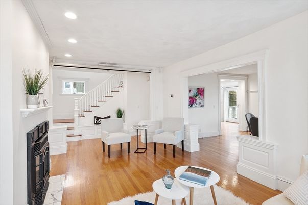 Fireplace, Interior, Recessed Lighting, Wood Texture Flooring