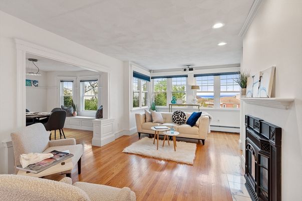 Dining room, Fireplace, Interior, Living room, Recessed Lighting, Wood Texture Flooring