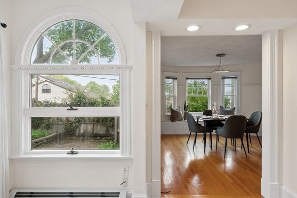Dining room, Interior, Pendant Lights, Recessed Lighting, Wood Texture Flooring