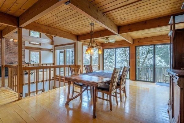 Dining room, Interior, Pendant Lights, Stone Walls, Wooden Beams, Wooden Ceilings, Wood Texture Flooring