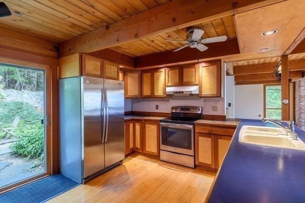 Interior, Kitchen, Recessed Lighting, Stainless Steel Appliances, Wooden Beams, Wooden Ceilings, Wood Texture Flooring