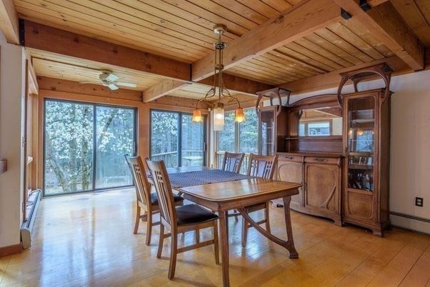 Dining room, Interior, Pendant Lights, Wooden Beams, Wooden Ceilings, Wood Texture Flooring