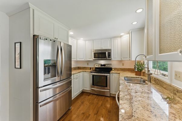 Interior, Kitchen, Recessed Lighting, Stainless Steel Appliances, Wood Texture Flooring