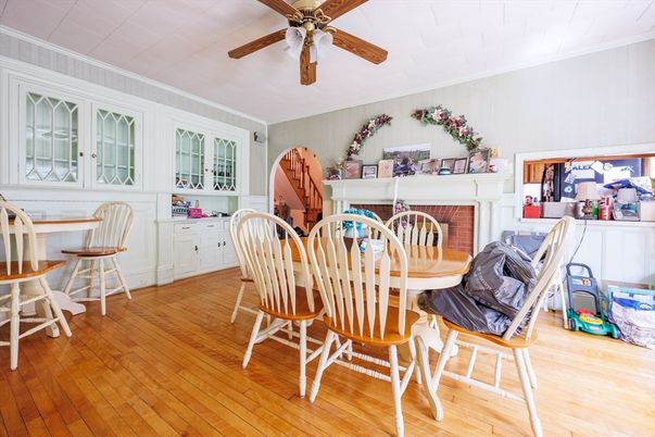 Dining room, Fireplace, Interior, Wood Texture Flooring