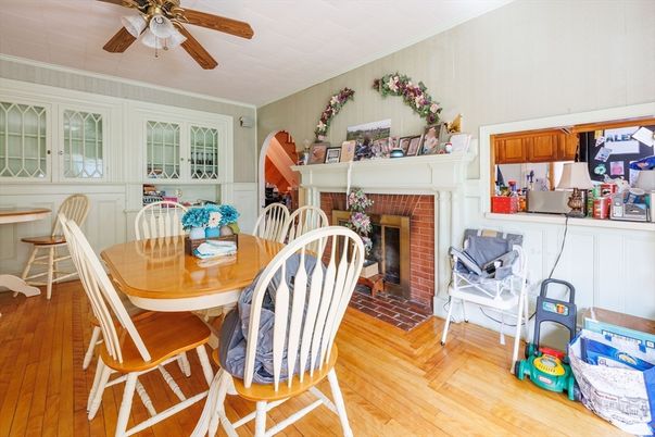 Dining room, Fireplace, Interior, Wood Texture Flooring