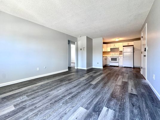 Empty room, Interior, Kitchen, Stainless Steel Appliances, Wood Texture Flooring