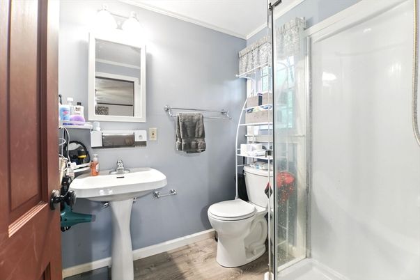 Bathroom, Glass Shower, Interior, Wood Texture Flooring