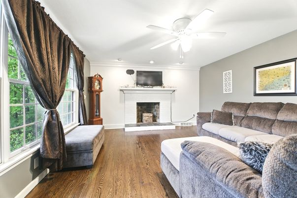 Fireplace, Interior, Living room, Recessed Lighting, Wood Texture Flooring