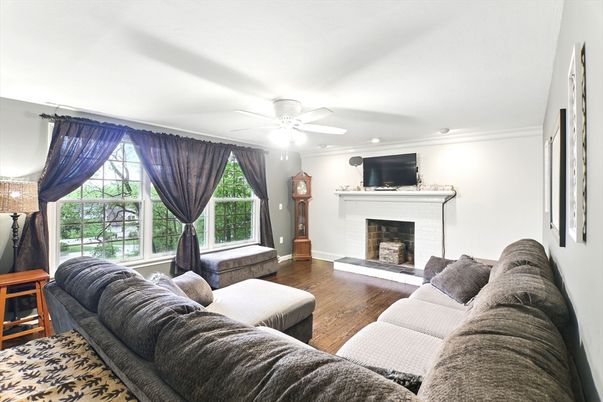 Fireplace, Interior, Living room, Recessed Lighting, Wood Texture Flooring