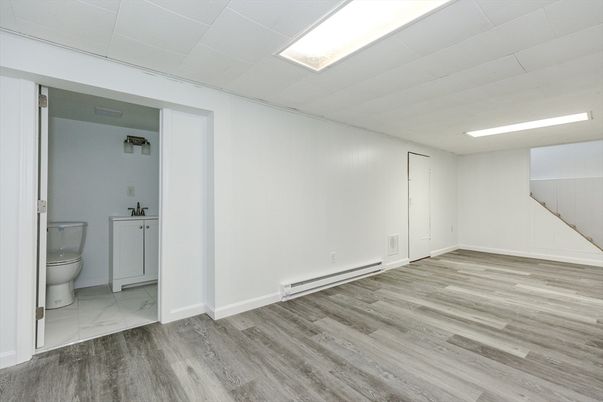 Bathroom, Empty room, Interior, Marble, Recessed Lighting, Wood Texture Flooring