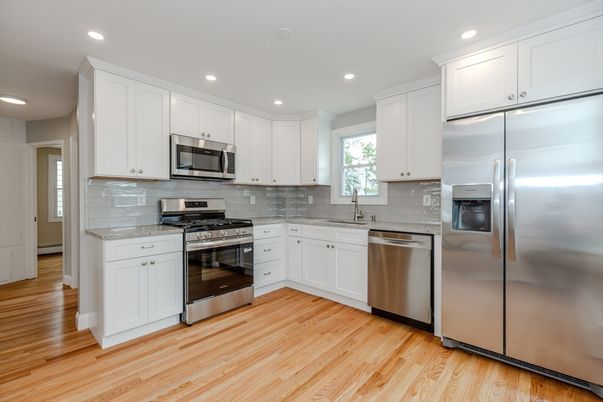 Interior, Kitchen, Recessed Lighting, Stainless Steel Appliances, Wood Texture Flooring