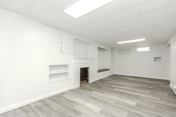 Empty room, Fireplace, Interior, Recessed Lighting, Wood Texture Flooring