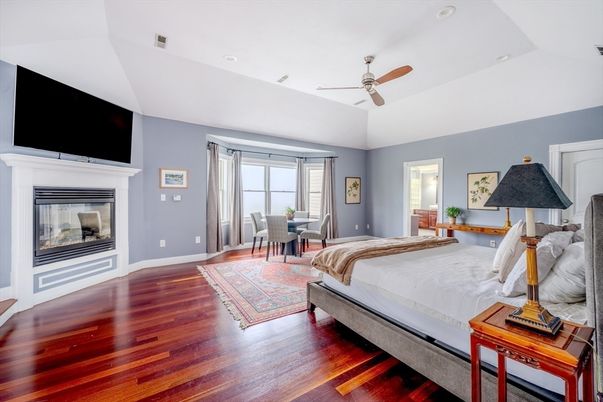 Bedroom, Dining room, Fireplace, Interior, Recessed Lighting, Wood Texture Flooring