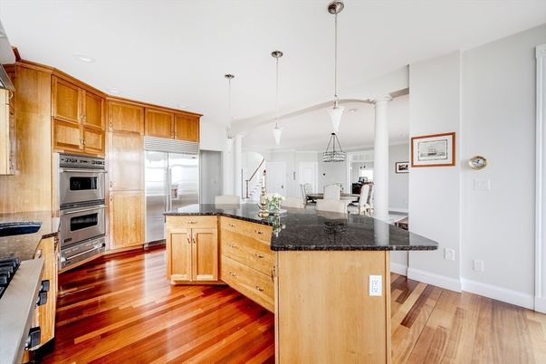 Dining room, Interior, Kitchen, Pendant Lights, Recessed Lighting, Stainless Steel Appliances, Wood Texture Flooring