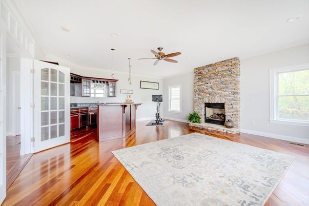 Fireplace, Interior, Kitchen, Pendant Lights, Recessed Lighting, Stone Walls, Wood Texture Flooring
