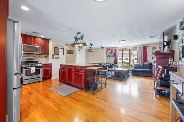 Interior, Kitchen, Living room, Recessed Lighting, Stainless Steel Appliances, Wood Texture Flooring