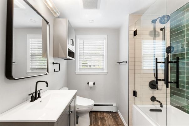Bathroom, Glass Shower, Interior, Wood Texture Flooring