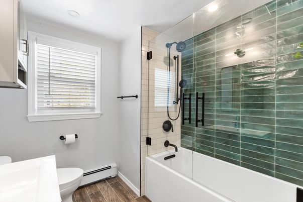 Bathroom, Glass Shower, Interior, Recessed Lighting, Wood Texture Flooring