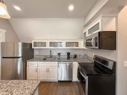 Interior, Kitchen, Recessed Lighting, Stainless Steel Appliances, Wood Texture Flooring