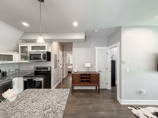 Interior, Kitchen, Pendant Lights, Recessed Lighting, Stainless Steel Appliances, Wood Texture Flooring