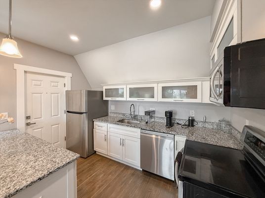 Interior, Kitchen, Pendant Lights, Recessed Lighting, Stainless Steel Appliances, Wood Texture Flooring