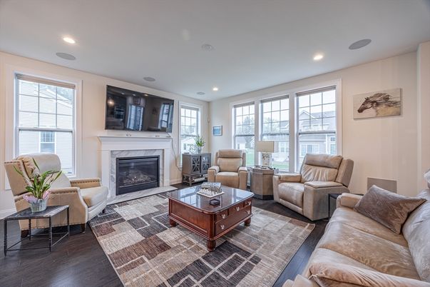 Fireplace, Interior, Living room, Recessed Lighting, Wood Texture Flooring