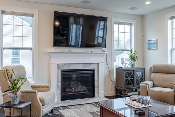 Fireplace, Interior, Living room, Recessed Lighting, Wood Texture Flooring