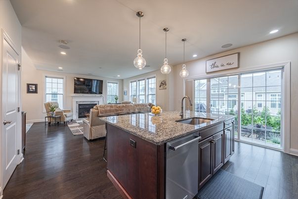 Fireplace, Interior, Kitchen, Living room, Pendant Lights, Recessed Lighting, Stainless Steel Appliances, Wood Texture Flooring