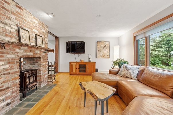 Fireplace, Interior, Living room, Stone Walls, Wood Texture Flooring