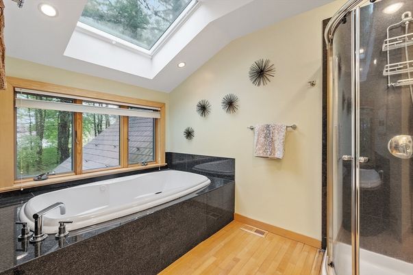 Bathroom, Glass Ceilings, Glass Shower, Interior, Recessed Lighting, Wood Texture Flooring