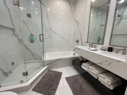 Bathroom, Glass Shower, Interior, Marble Walls, Recessed Lighting