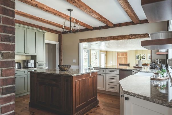Interior, Kitchen, Pendant Lights, Stainless Steel Appliances, Wooden Beams, Wood Texture Flooring
