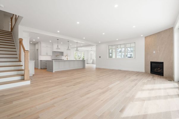 Empty room, Fireplace, Interior, Kitchen, Pendant Lights, Recessed Lighting, Wood Texture Flooring