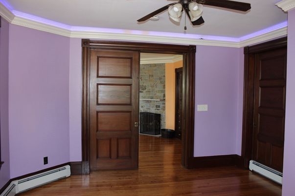 Empty room, Fireplace, Interior, Stone Walls, Wood Texture Flooring
