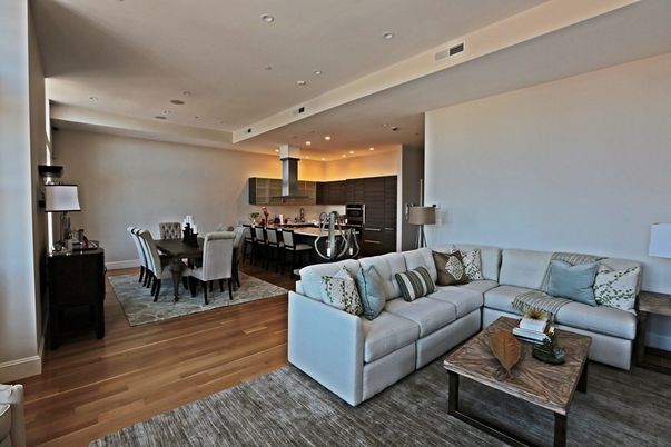 Dining room, Interior, Kitchen, Living room, Recessed Lighting, Stainless Steel Appliances, Wood Texture Flooring