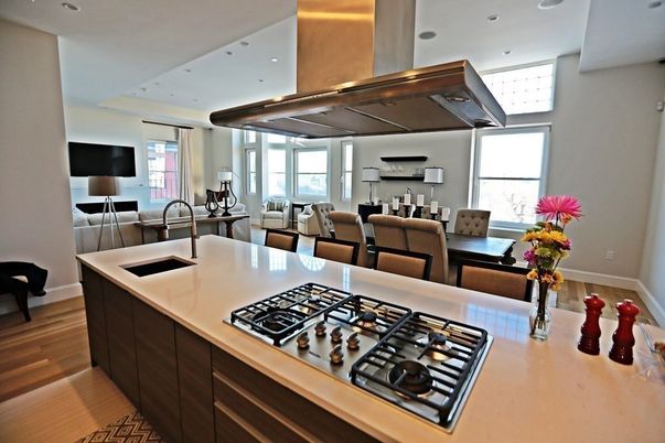 Dining room, Interior, Kitchen, Living room, Recessed Lighting, Wood Texture Flooring