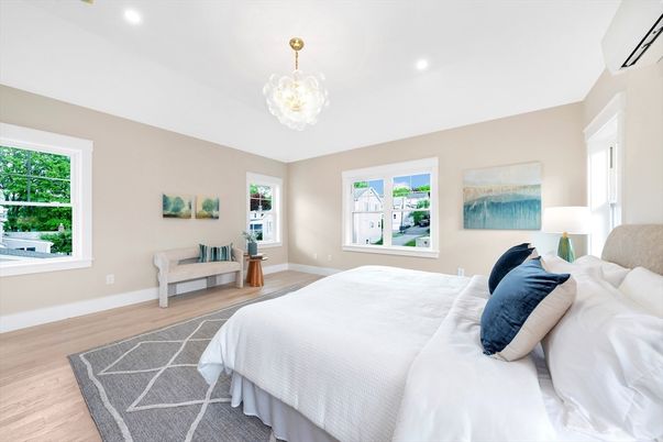 Bedroom, Chandelier, Interior, Recessed Lighting, Wood Texture Flooring