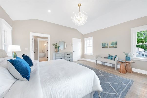 Bedroom, Chandelier, Interior, Recessed Lighting, Wood Texture Flooring