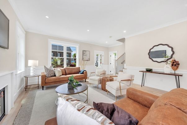 Fireplace, Interior, Living room, Recessed Lighting, Wood Texture Flooring