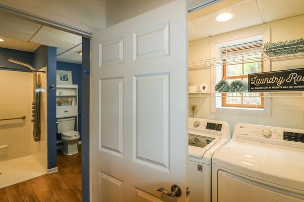 Bathroom, Interior, Recessed Lighting, Utility Closets, Washer, Wood Texture Flooring