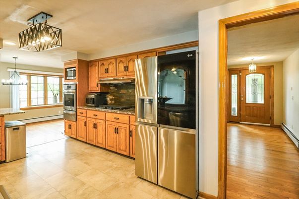 Chandelier, Interior, Kitchen, Pendant Lights, Stainless Steel Appliances, Wood Texture Flooring