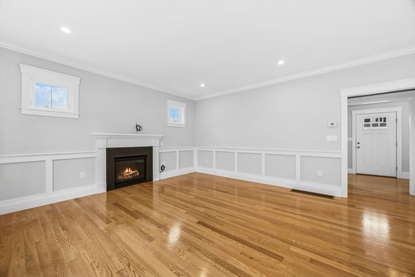 Empty room, Fireplace, Interior, Recessed Lighting, Wood Texture Flooring