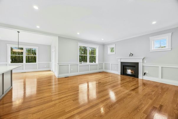 Empty room, Fireplace, Interior, Pendant Lights, Recessed Lighting, Wood Texture Flooring