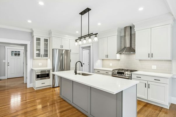 Interior, Kitchen, Pendant Lights, Recessed Lighting, Stainless Steel Appliances, Wood Texture Flooring