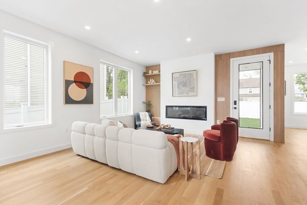 Fireplace, Interior, Living room, Recessed Lighting, Wood Texture Flooring