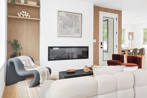 Dining room, Fireplace, Interior, Living room, Recessed Lighting, Wood Texture Flooring