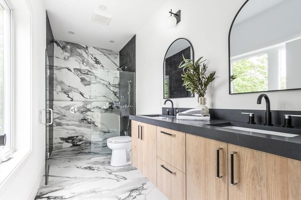 Bathroom, Dual Sink Vanities, Glass Shower, Interior, Marble, Marble Walls