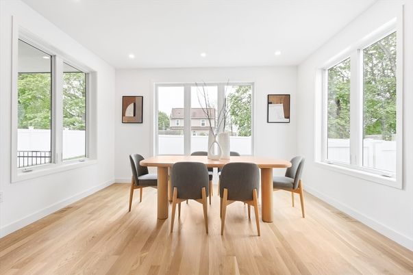 Dining room, Interior, Recessed Lighting, Wood Texture Flooring
