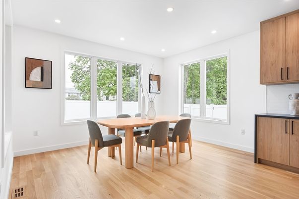 Dining room, Interior, Recessed Lighting, Wood Texture Flooring